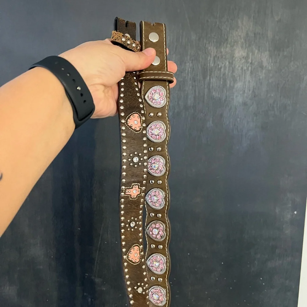 Nocona Brown and Pink Kids Belt with Heart Accents bundle of 3